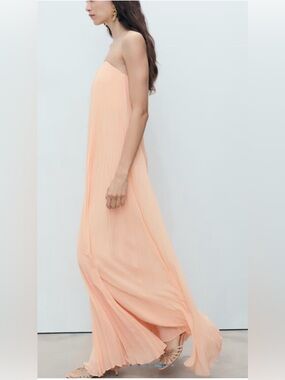 Mango Strapless Peach pleated Maxi Dress